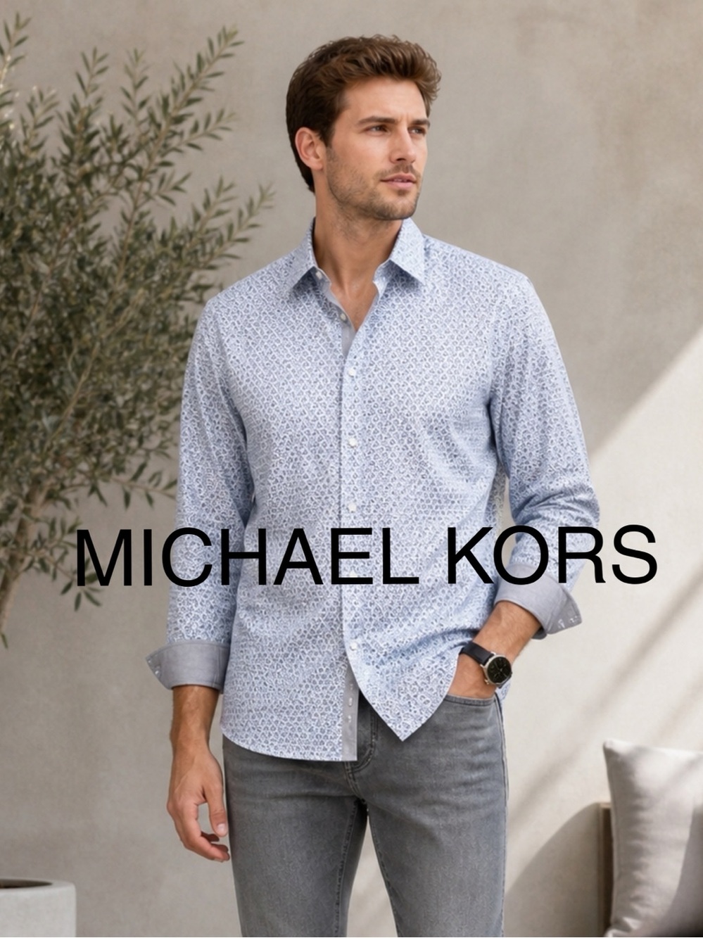 🩶💙 Michael Kors Men’s XL Blue White Geometric Button-Up Shirt | Casual Shirt